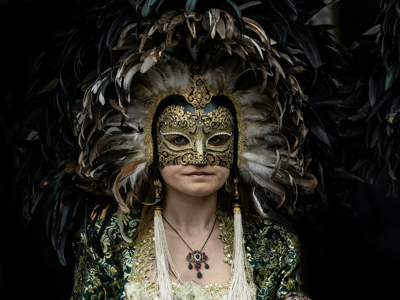 An elaborate feathered cabaret costume in close-up